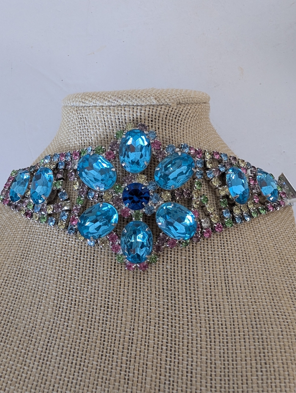 VIntage BRACELET Rhinestone Aqua Blue Statement Bracelet BY DOMINIQUE